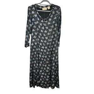 Retro Floral Midi Dress Black 9 Mod Classic Indie Folk Prairie Cottagecore Chic